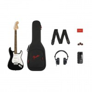 Squier Affinity Series Stratocaster Mustang Micro Pack, Black, with Gig Bag and HD9 Headphones