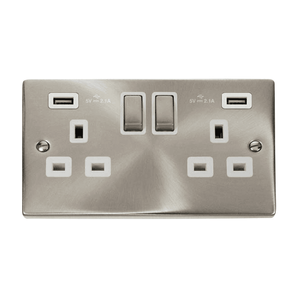 VPSC580WH Decorative Double Ingot Switched Socket with Dual USB Slots (4.2A) with White Inserts in Satin Chrome