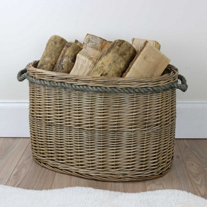 Antique Wash Oval Wicker Log Basket Lined 