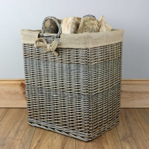 Antique Wash Rectangular Tall Lined Wicker Log Basket
