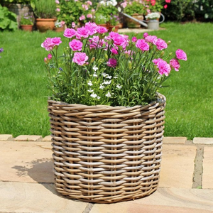 Grey & Buff Rattan Round Wicker Planter