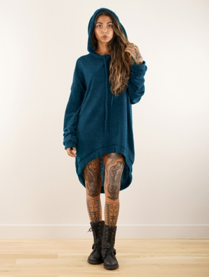 'Pull long oversize à capuche "Rashmi", Bleu pétrole'