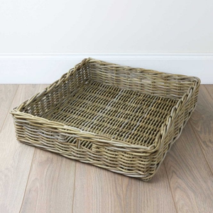 Grey & Buff Rattan Extra Large Wicker Basket Footstool Tray