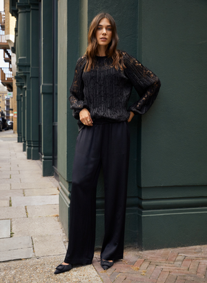 Megan Satin Palazzo Trousers - 12 (UK Size 12) / Caviar Black