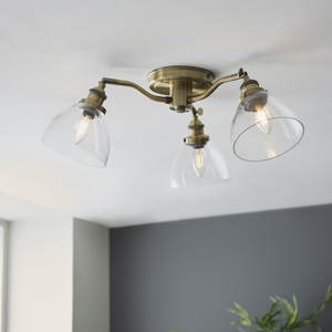 97247 Hansen 3 Light Semi Flush Ceiling Light Antique Brass Plate & Clear Glass