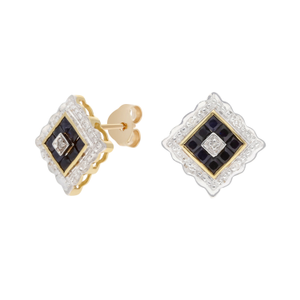 New 9ct Yellow Gold Sapphire & Diamond Square Stud Earrings