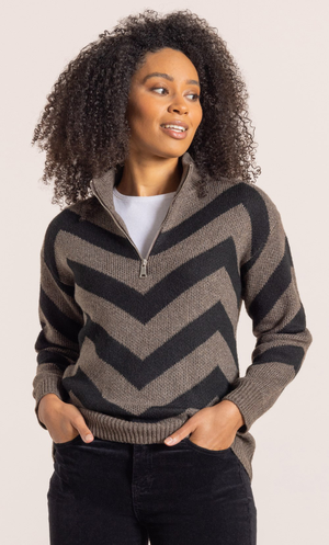 Chevron Pattern Zip Jumper - Walnut/Black