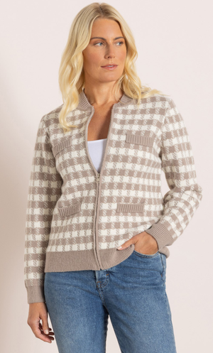 Check Knitted Bomber Jacket - Fawn/Ivory