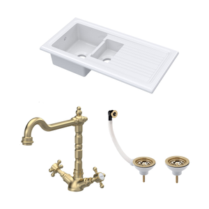 Traditional Fireclay Kitchen Bundle: 1.5 Bowl Sink & Drainer, Waste & French Classic Tap, 1010mm - Brushed Brass