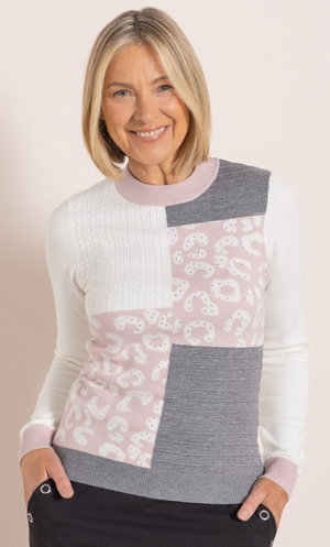 Anna Rose Patchwork Knit Embellished Jumper - Ivory/Pink/Grey/Marl