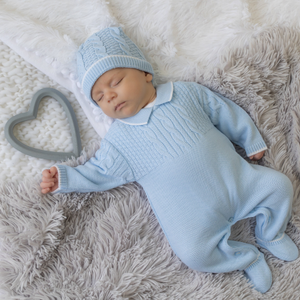 Blue Cable Knitted Onesie & Bobble Hat