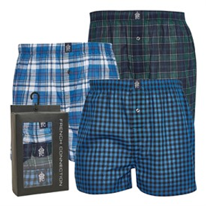French Connection Mens Three Pack Woven Boxers Multi 8 - Blue White Check/Marine Green Check/Marine Blue Check