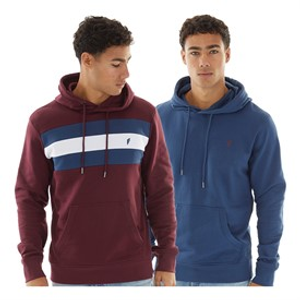 Onfire Mens Two Pack Chest Stripe/Plain Hoodie Windsor Wine/Dark Denim