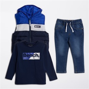Bench Boys Puffer Gilet T-Shirt And Jeans Set Blue