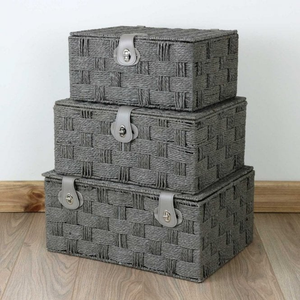 Grey Paper Rope Rectangular Lidded Storage Basket Hamper