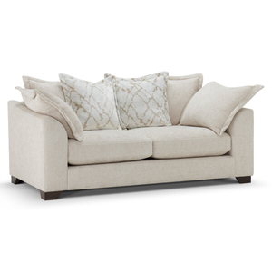 Dewsbury 3 Seater Pillow Back Sofa in Milo Cream Fabric with Natural Scatter Cushions