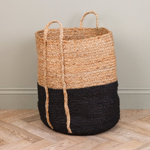 Black Two-tone Round Jute Storage Basket With Handles