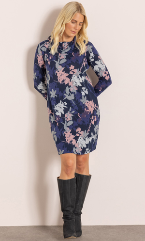Botanical Printed Brushed Knitted Tunic Dress - Navy/Pink
