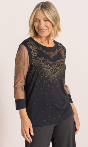 Embellished Mesh Sleeve Top - Black/Gold