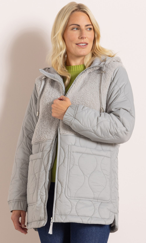 Quilted And Teddy Hooded Coat - Light Grey