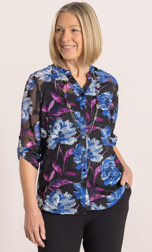 Anna Rose Floral Print Blouse With Necklace - Black/Multi