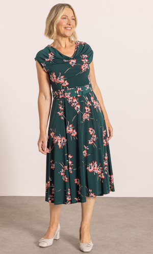 Anna Rose Floral Print Belted Dress - Emerald/Winterberry