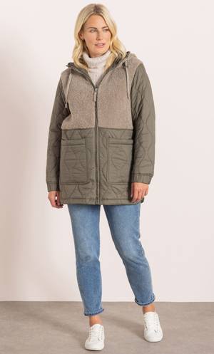Quilted And Teddy Hooded Coat - Khaki