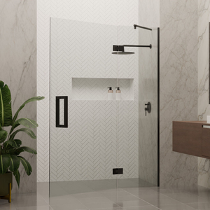 Janna Frameless draaideur + zijwand met 45° stang – max 150 cm breed – tot 240 cm hoog – draait beide kanten op – minimalistisch