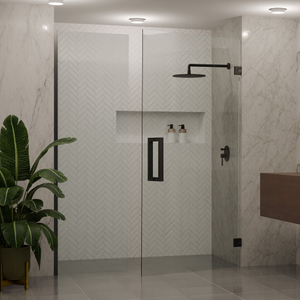 Neva Frameless draaideur + zijwand zonder stang – max 150 cm breed – tot 240 cm hoog – draait beide kanten op – minimalistisch