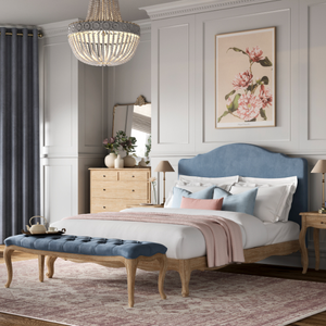 Sienna Velvet Bed, King - French Blue / Weathered Oak