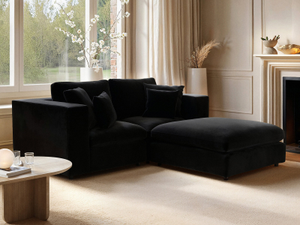 SOLACE+CO Asher 3 Seater Sofa with Reversible Footstool Black Velvet
