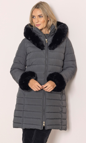 Faux Fur Trimmed Hooded Puffer Coat - Dark Grey