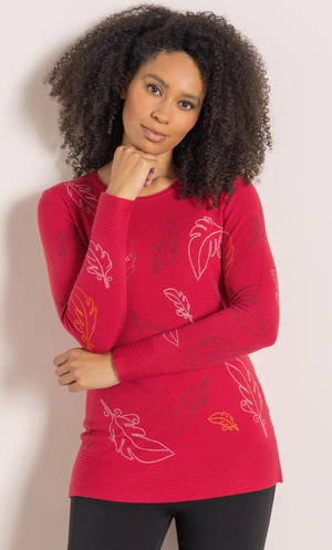 Embellished Leaf Print Jumper - Red