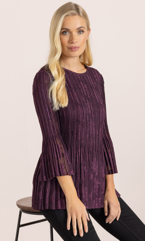 Pleated Flare Bell Sleeve Top - Plum