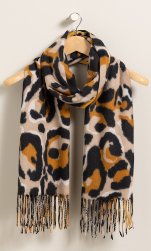 Animal Print Tassel Scarf - Mustard