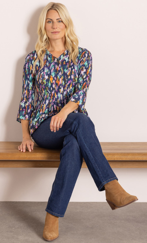 Watercolour Print Pleated Top - Navy/Lilac