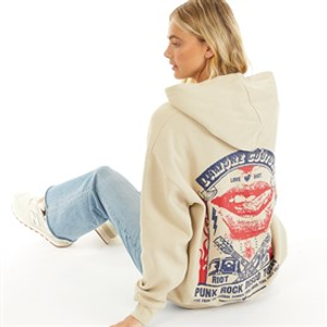 L'amore Couture Womens Punk Poster Oversized Hoodie Ecru