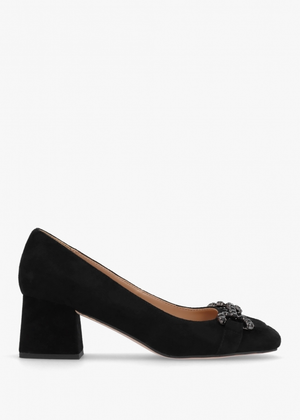 Athena Black Suede Crystal Bit Block Heel Court Shoes