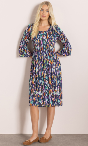Watercolour Print Pleated Dress - Navy/Lilac