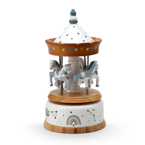 Musical Natural Wood Finish with Painted Rainbow and Space Themed Base Animated Carousel