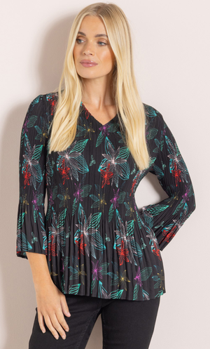 Botanical Print Pleated Top - Black