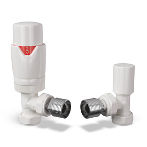 Stirling Bold - White Thermostatic Radiator Valve & Lockshield Angled 15mm