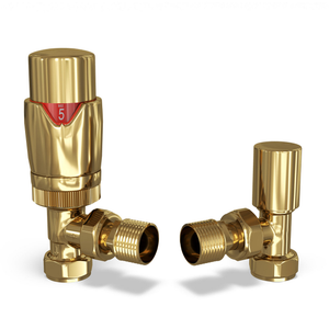 Stirling Bold - Polished Brass Thermostatic Radiator Valve & Lockshield Angled 15mm