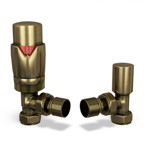 Stirling Bold - Antique Brass Thermostatic Radiator Valve & Lockshield Angled 15mm