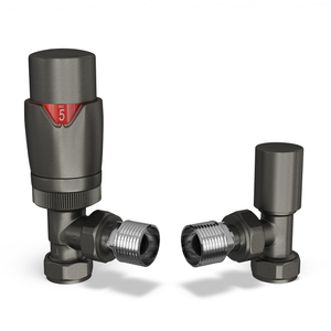 Stirling Bold - Pewter Thermostatic Radiator Valve & Lockshield Angled 15mm