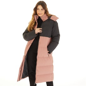 Brave Soul Womens Myra Long Hooded Puffer Coat Black/Dusky Pink