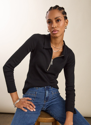 Organic Cotton Zip Collar Top - UK 12 | EU 38 | US 08 / Caviar Black