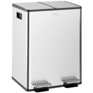 HOMCOM Papelera de Cocina de Acero Inoxidable con 2 Compartimentos 2x20L Pedal Tapas de Cierre Suave y Cubo Extraíble Plata