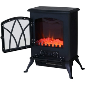 HOMCOM Chimenea Eléctrica Móvil 1000W/2000W Estufa de Pie Silencioso con Efecto de Llamas y Área de Cobertura 30m² Negro