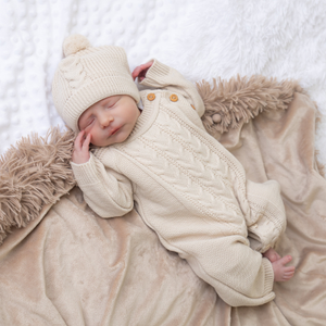 Taupe Footless Cable Knit Onesie & Pom Pom Hat